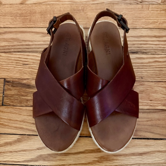 ST. AGNI Womens Brown Leather Cross Strap Slingback Basque Platform Shoes 38